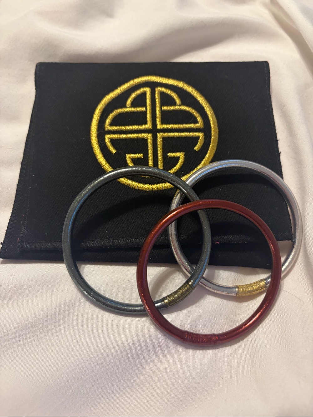 Set of Three Women's Metal Bangles - Burgundy, Silver, Green